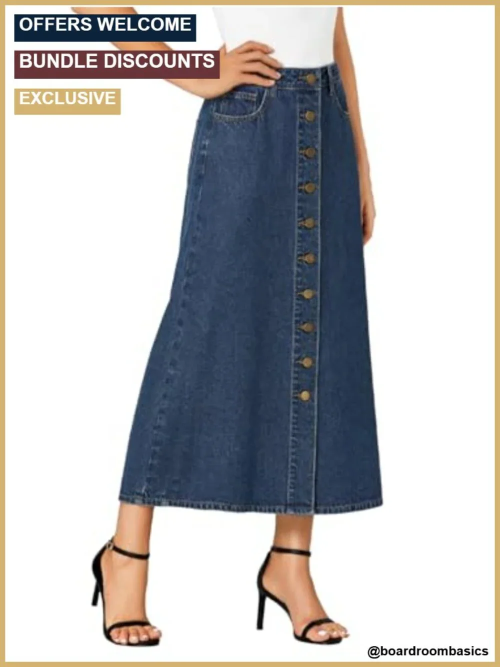 Button Front A-Line Midi Denim Skirt with Pockets